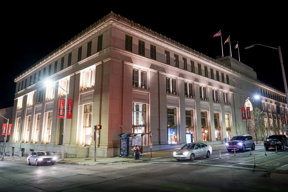 Central Library at night from the street corner