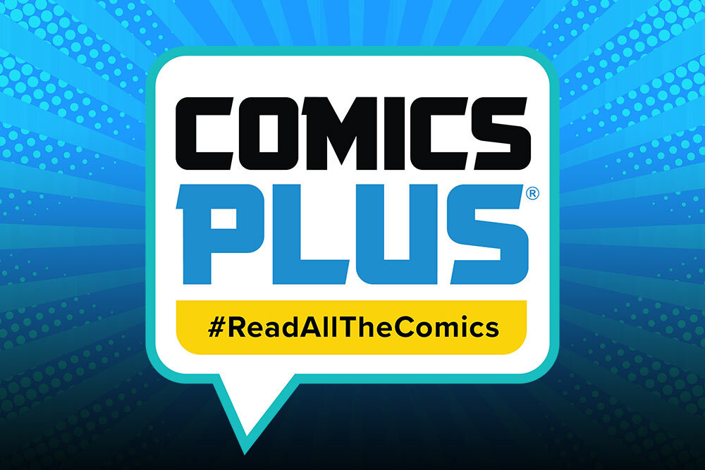Comics Plus Read All The Comics logo and slogan on blue-black
