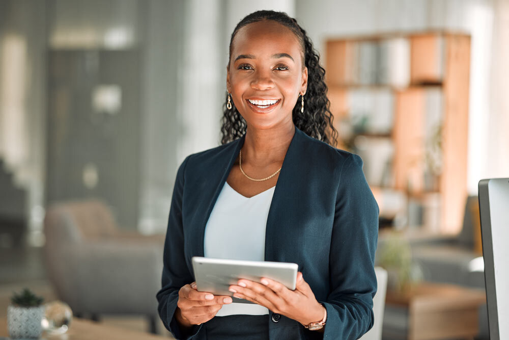 Firm card smiling businesswoman lawyer tablet Getty Images 1587604256