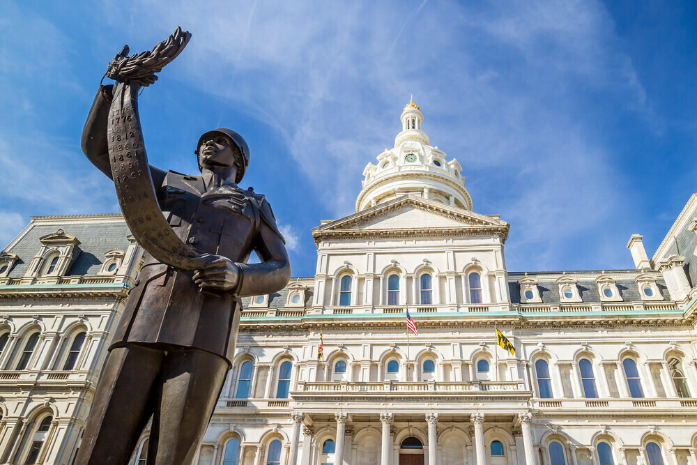 Government - Baltimore City Hall with statue of African American soldier