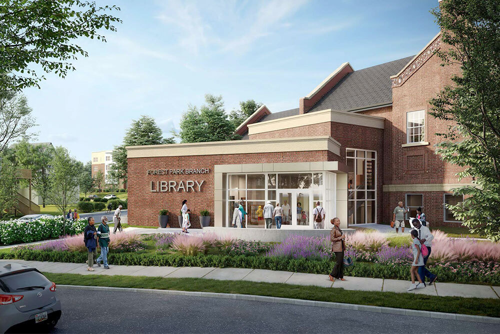 Forest Park exterior rendering with flowers, sidewalk, people, and new signage
