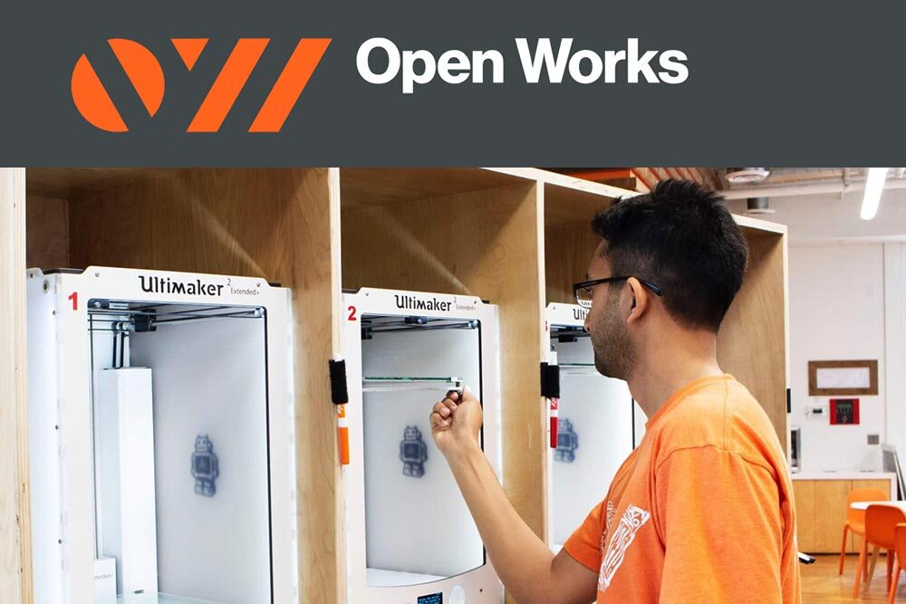 Open Works logo and 3d printing with Ultimaker machines