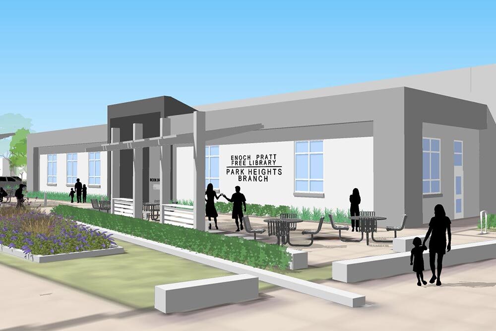 Park Heights rendering - front entrance view from corner of Park Heights and Woodland Aves.