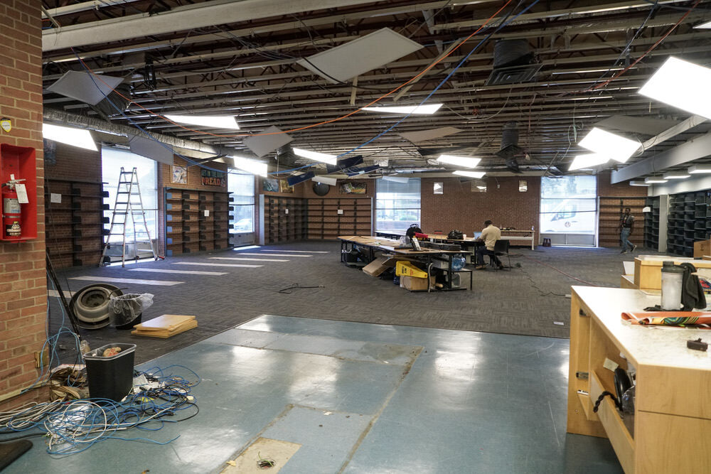 Herring Run Branch closed for renovations - dark interior with windows